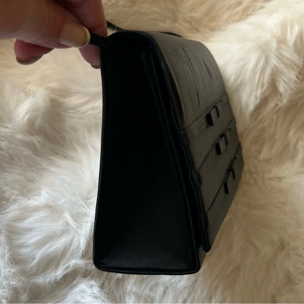 Vintage MCM La Regale Black Satin Evening Bag Flat Bows Snap Close Clutch Strap